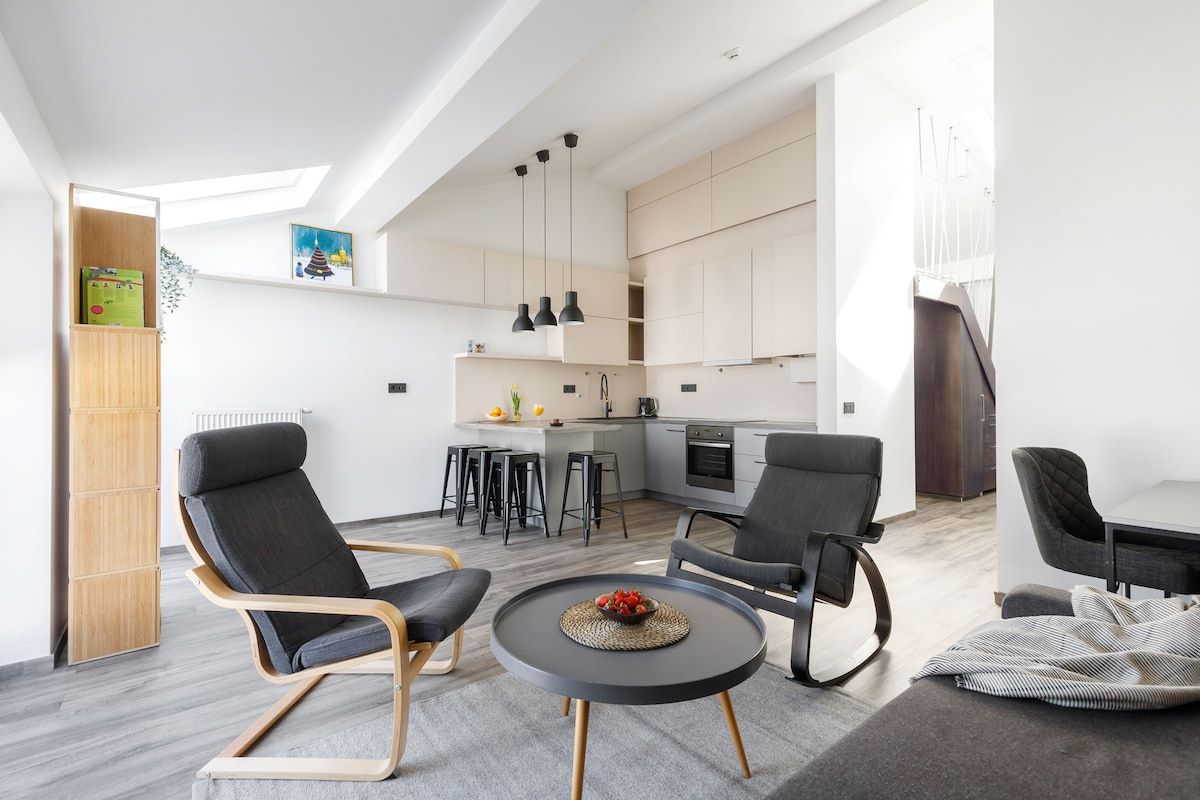 Stylish Paupys Loft with Balcony & View/ Parking