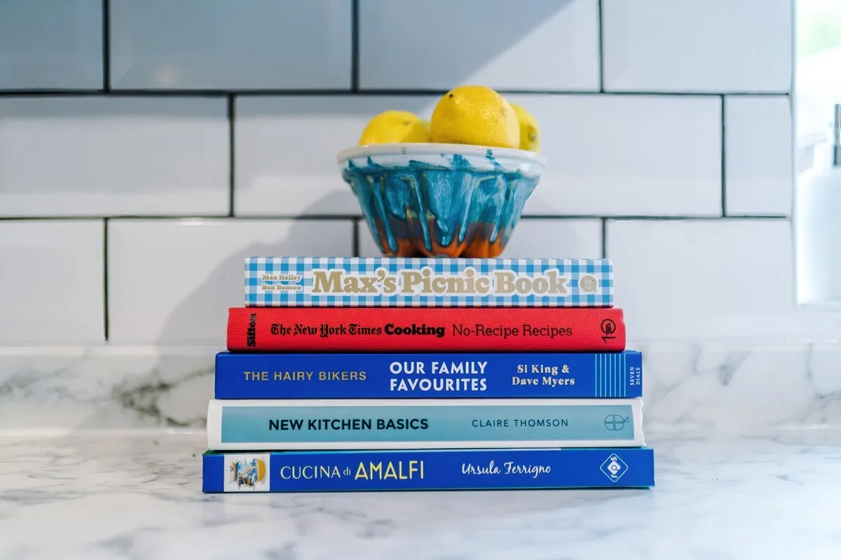 Cookbooks on the kitchen worktop