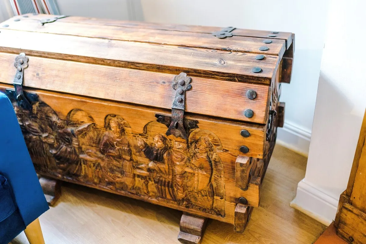 Hand-carved wooden chest in the lounge